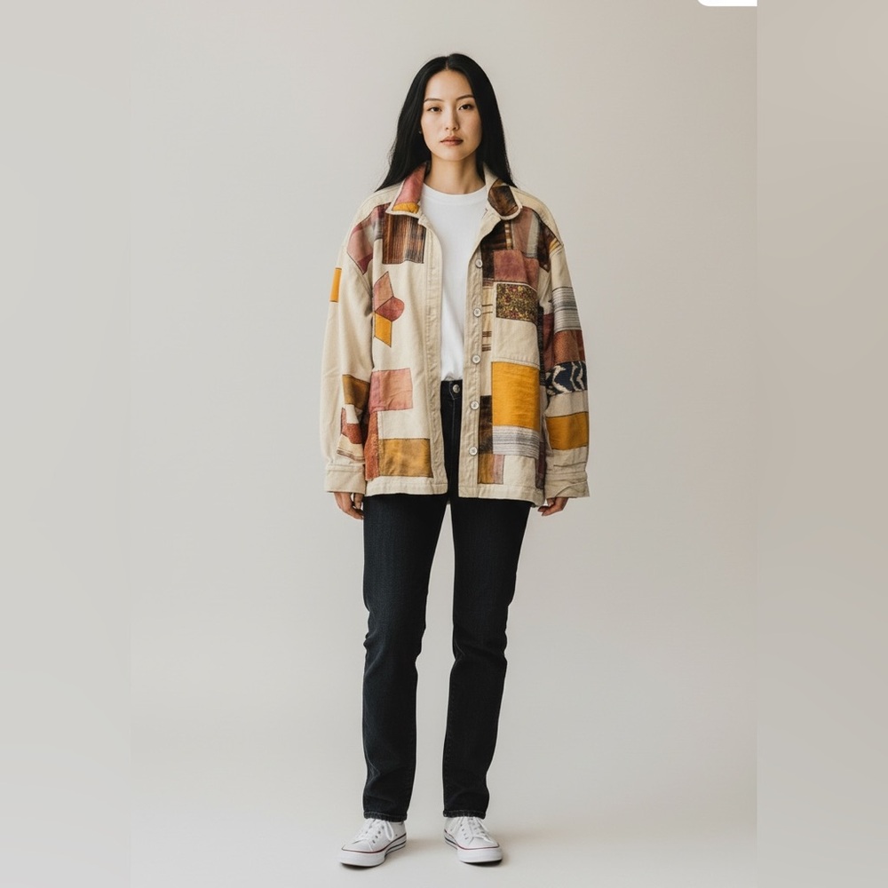Kimchi Blue Patchwork Jean Jacket in Cream, Mustard & Rust